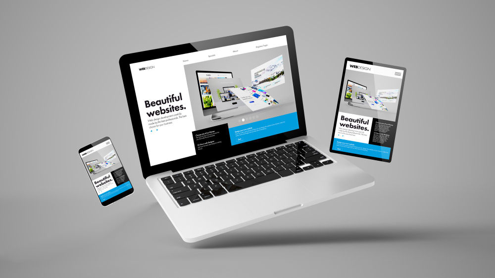 flying laptop mobile tablet 3d rendering showing builder website responsive web design